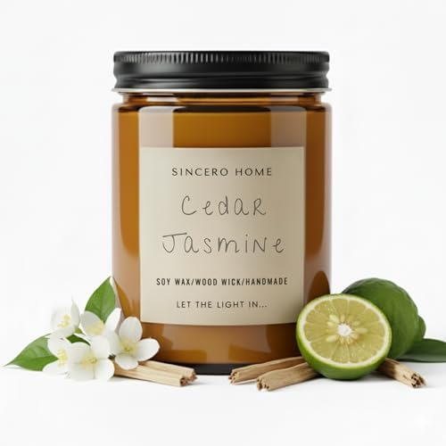 SINCERO HOME – Bougie Homme Luxe Artisanale Mèche Bois – Bougie Cèdre et Jasmin Parfum Boisé – Cadeaux pour Hommes Noël/Anniversaire/Copain.
