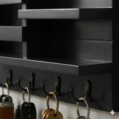 Image of Key Holder for Wall with Mail Shelf & 4 Hooks | Engineered Wood (Blackk, Elegant Mail Organizer - 35.5 x 9 x 23 cm)