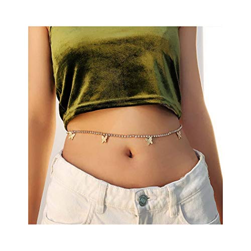 Yokawe Butterfly Belly Chain Gold Rhinestne Chain Belt Tassel Metal Waist Chain Jewelry for Women and Girls
