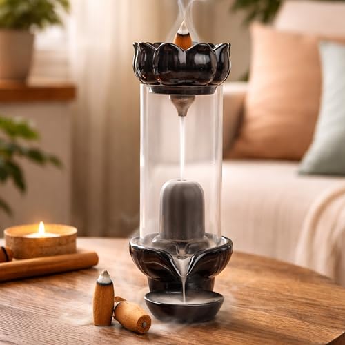 Image of Hem Backflow Incense Burner Set - Pind Fall, Handcrafted Ceramic Holder with 10 Backflow Cones, Perfect for Puja, Meditation, Relaxation, Prayer, Yoga, Decor & Spiritual Spaces, Black