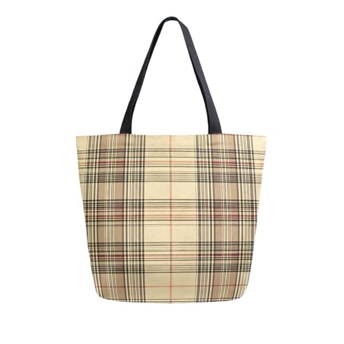 Extra Large Shoulder Tote Bag for Beach Travel Weekender Gym Beige Brown Plaid Checkered Reusable Grocery Canvas Shopping Bag