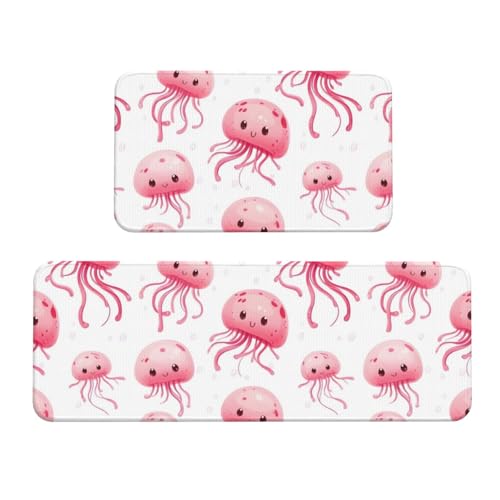 GVYGVY Antifatigue Kitchen Mats for Floor 2 Piece - Cute Pink Jellyfish Print Kitchen Rugs Washable, Non Slip Runner Rug Standing Mat for Office/Bathroom/Laundry/Home Decor and Accessories