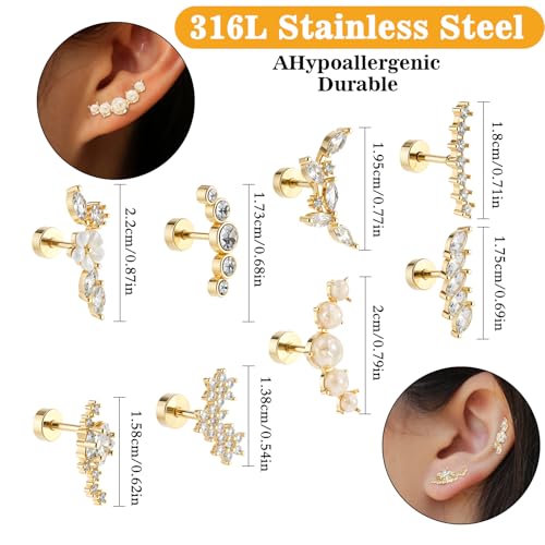 Yolev 8 PCS 16G Cartilage Earrings Helix Piercing Jewelry Back Earrings Helix Piercing Jewelry Opal Stud Set Flower Leaf Screw Back2