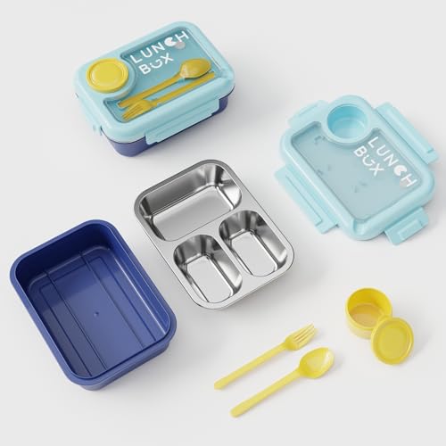 Image of 3 Compartment Stainless Steel Lunch Box for Kids & Adults, Steel Bento Tiffin with Cutlery, Leakproof BPA Free Lunch Container for School Office Travel (Blue)