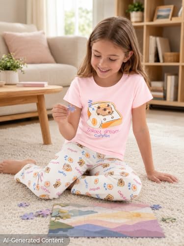 Image of Beezizac Girls Pajamas Cute Print Short /Long Sleeve Pants Set Size 6-18 | Soft Stretch Poly Blend, Comfy Crewneck, Elastic Waist Pants, Everyday & Holiday Sleepwear for Big Girls, Tweens & Teens