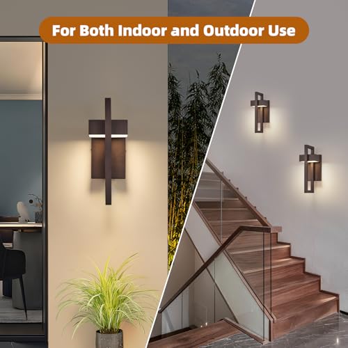 Image of tewei Modern LED Outdoor Wall Sconce Brown Outdoor Lights for House, 13.7'' LED Exterior Lighting Fixtures Outside Wall Mount Lights for Front Porch Hallway, Warm White 3000K, 2 Pack