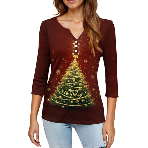 Image of Women Christmas Shirt 3 /4 Length Sleeve Henley Tops Xmas Outfits
