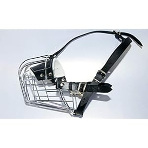 Strong Metal Wire Basket Muzzle for Amstaff & Pitbull and other dogs (Silver Basket / Black Leather, R1)