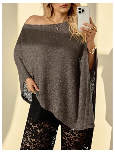 MakeMeChic Women's Plus Size Knit Sheer Poncho Top One Shoulder Asymmetrical Y2K Lightweight Pullover4