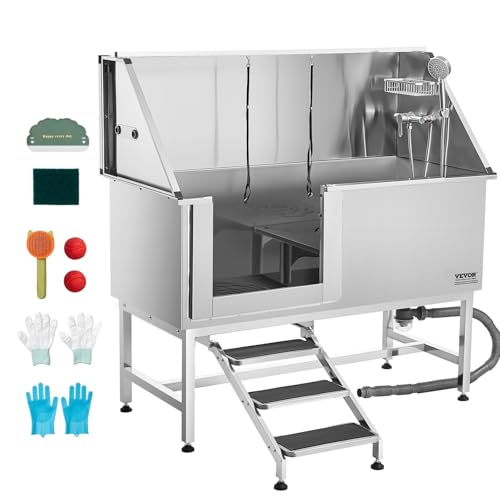 VEVOR Stainless Steel Dog Washing Station, Professional 62 inch Pet Grooming Tub w/Stairs, PE Water Filter Board, Faucet & Showerhead & Soap Holder Bathtub for Large & Medium & Small Pets (Left Door)