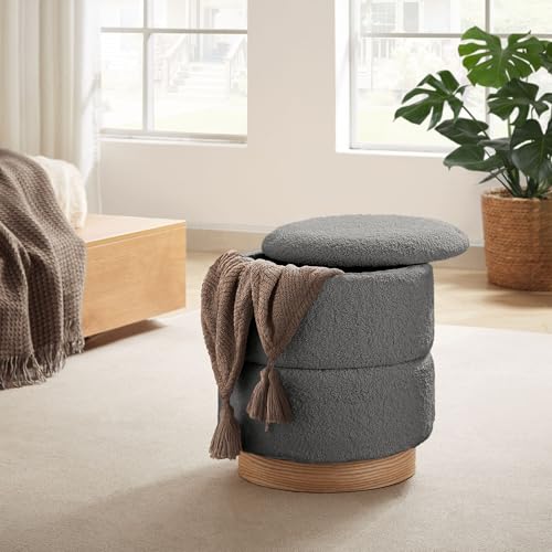 Sicaan Pouf Coffre ROMÉO en Tissu Bouclette Gris – Tabouret de Rangement Design Scandinave et Art Déco avec Base Bois – Pouf Rigide Chic et Pratique pour...