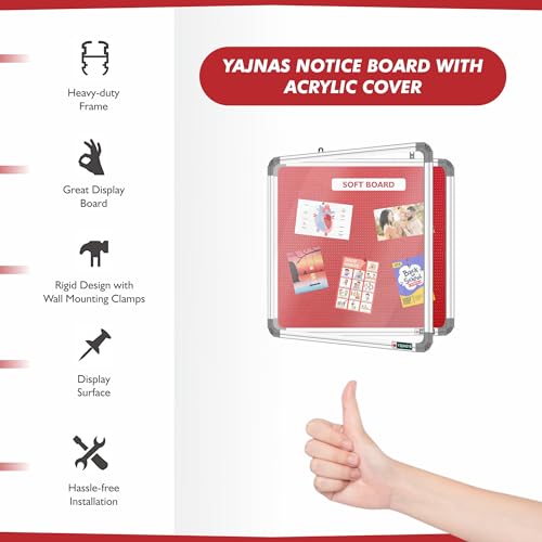 Image of YAJNAS 3X3 Feet Premium Material Red Designed Notice Board with Acrylic Door /Soft Board /Bulletin Board /Pin-up Display Board for Study Room, Office, School & Home Use