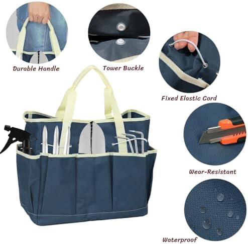 BLIRITEL Garden Tool Organizer,Waterproof Garden Tool Tote Bag with 8 Side Pockets,Outdoor Gardening Tool Storage Bag and Home Organizer for Gardener,Pottery,Electrician and Repairman - Thumbnail 4