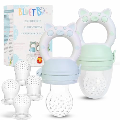 Image of Bluet B- Baby Fruit Feeder Pacifier - BPA-Free Silicone Baby Food Feeder for Self-Feeding - Teething Relief - 4+ Months, 6 Silicone Nipples - 2 Pack Fresh Fruit Pacifier Frozen Teether - Blue & Green