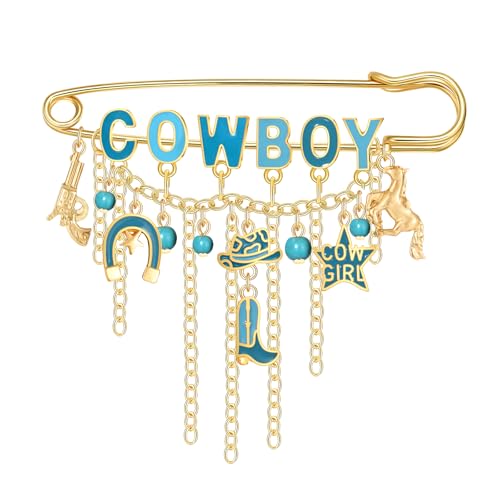 Image of Western Cowboy Safety Pins Brooches Rodeo Boot Hat Horse Horseshoe Beads Charms Pins West Country Concert Party Brooch Jewelry for Skirts Sweater Scarf Lapel Hat Accessories