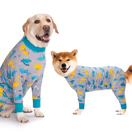 Yeapeeto Einteiler für Hunde, zur Erholung, für große und mittelgroße Hunde, Schlafanzug, Ganzkörper für Haarausfall, Allergien, Anti-Lecken, Wundschutz, Kegel-Alternative (2XL, Dinosaurier)