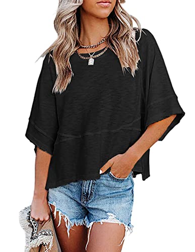 Bufushaoh Women's Fashion Casual T Shirt Round Collar 3/4 Sleeve Plain Color Tees Summer Tops Blouses(Black,S)