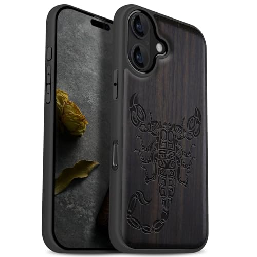 Carveit iPhone 17 ケース 木製 【天然木+TPUシリコンツーインワ】磁気内蔵・Magsafe 対応 滑り止め 指紋防止 アイフォン17 ケース 耐衝撃 レーザーアート彫刻 (黒い木-サソリ部族)