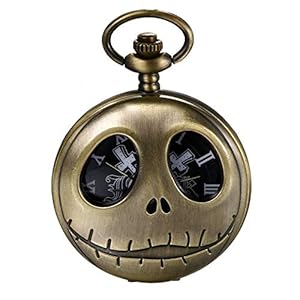 JewelryWe Taschenuhr Herren mit Schädel Skelett aus The Nightmare Before Christmas, Quarz Analog Uhr mit Kette Halskette