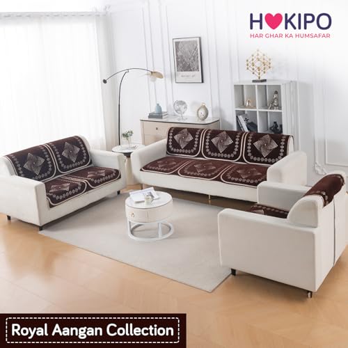 Image of HOKIPO Sheesh Brown Premium Chenille Jacquard Sofa Cover 6 Seater Set - Washable 3+2+1 Sofa Panel for Seat & Back | 'Royal Aangan Series' (IN-1008 * 2 + IN-1007 * 2 + IN-1006 * 2-L5)
