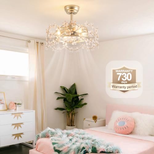 Image of 20 inch Gold Fandelier Ceiling Fan with Light, Flower Chandelier Ceiling Fan | Modern Enclosed Caged, 6 Speeds Remote Control, Reversible Motor, Timer, for Girl's Bedroom, Nursery, Living Room