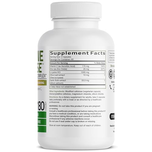 Image of Bronson L-Lysine Defense Immune Support Complex 1500 MG L-Lysine Plus Olive Leaf, Garlic, Vitamin C and Zinc - Non-GMO, 180 Vegetarian Capsules