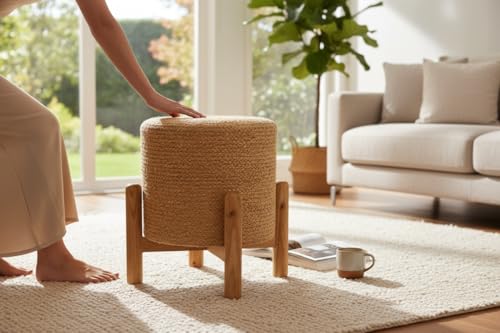 Image of Handcrafted Jute Ottoman Pouffe with Wooden Stand Support | Durable & Stylish Footrest Stool for Living Room & Bedroom | Natural Fiber Seating Pouf | 40x40x40 cm