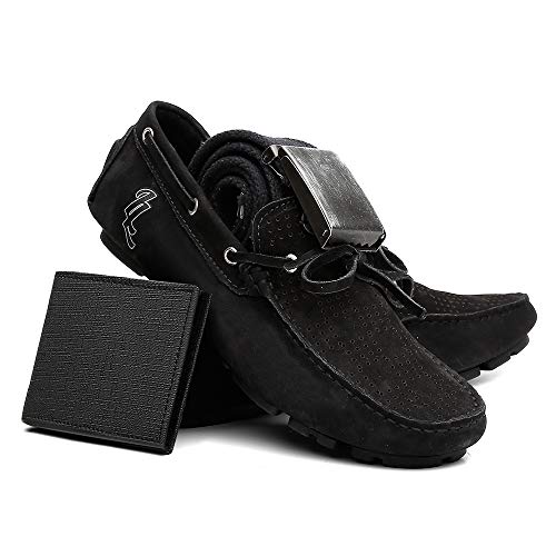Kit Mocassim De Couro Cinto Carteira Cor:Preto;Tamanho:41