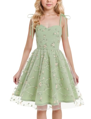 Happy Cherry   Vestido de Boda Niña con Tul y Bordado de Flores sin Mangas Tirantes para Fiesta Bautizo Ceremonia Niñas Infantil Vestidos de Princesa Tutú de Espagueti   6 7 Años   Verde