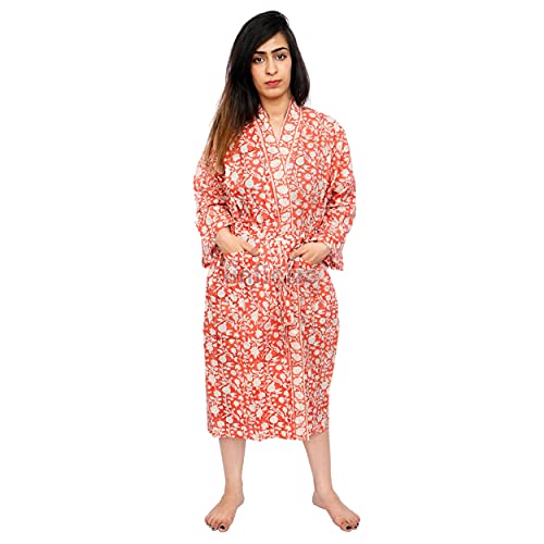 Handicraft Bazarr Pool Side Kimono House Coat Women Cotton Kimono Sleep Wear Sunrise Women Free Size Classic Beach Wear Kimono Floral Block Printed Nightgown Swimwear Dress (Sky Blue Color)