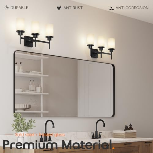Image of Vanity Lighting Fixtures Oil Rubbed Bronze 3-Light with White Frosted Glass Shade, Wall Sconces for Bathroom Cabinet Porch Kitchen T001ORB-L3