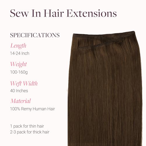 Image of GOO GOO Sew in Hair Extensions Real Human Hair, Weft Hair Extensions Human Hair, 4A Chocolate Brown 20inch 130g, Weft Bundles Straight Silky Remy Hair