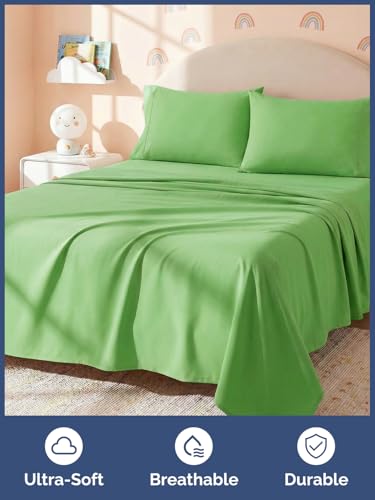 Image of Kids Full Size Bed Sheet Set - 4 Piece Kids Loft Bed Sheets - Solid Green Themed Bedding - Soft, Cute and Cozy - Breathable and Machine Washable - Bedding for Boys, Girls, Teens & Toddlers - Oeko-Tex