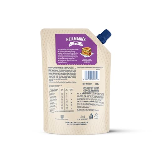 Image of HELLMANN'S, Roasted Garlic Mayo, 300g, for Delectable Sandwiches, with Creamy & Rich Taste, 100% Vegetarian, World's No.1 Mayonnaise Brand