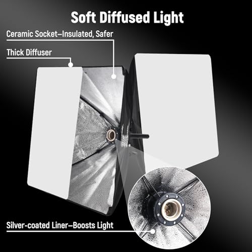 Kit de Iluminación Profesional Softbox 40 x 40 cm (2 Unidades) - Luces LED de Estudio 7500K / 5500K / 3000K, 95W E27, Brilló Ajustable, CRI97 - con 2 Trípodes, Difusores, Control Remoto y Bolsa - imagen 4