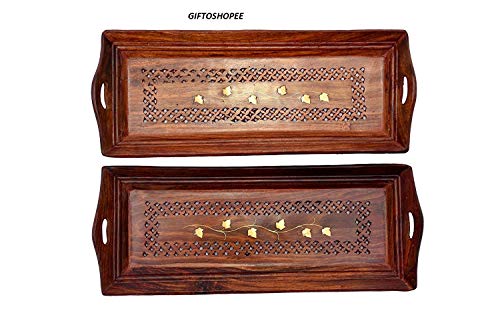 Image of Handicraft Wooden Serving Tray with Hand Carved Design 11 Inch Set of 2