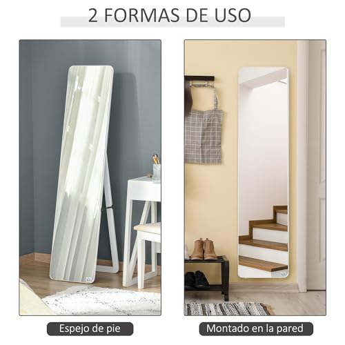 HOMCOM Espejo de Pie Cuerpo Entero Rectangular Espejo de Pared con 2 Formas de Uso Marco de Madera de Pino Moderno para Pasillo Dormitorio Sala de Estar 37x43x156 cm Blanco - imagen 4