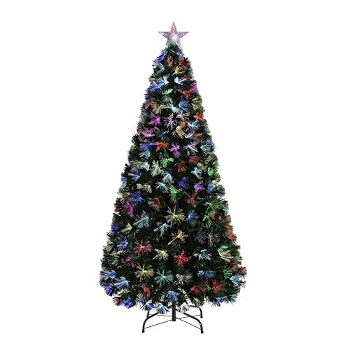 6Ft/180cm Fibre Optic Christmas Tree with Star Topper - Firework Flower Light Effect - Pre-Lit Green Artificial Xmas Tree - Multicolor Changing Lights