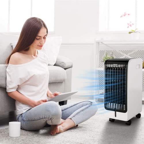 GYMAX Tragbare Klimaanlage mit Fernbedienung für Zuhause und Büro, Luftkühler mit 3 Geschwindigkeiten und 8 Stunden- Timer, 75 W, Tankkapazität 6 l-7