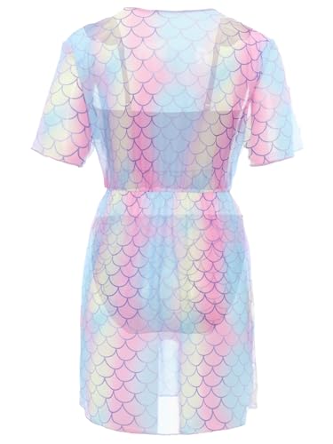 Kids Girls 3Pcs Fish Scales Print Mermaid Mesh Dress Tankini Set Swimwear Beach Pool Cover Up Swimsuit4