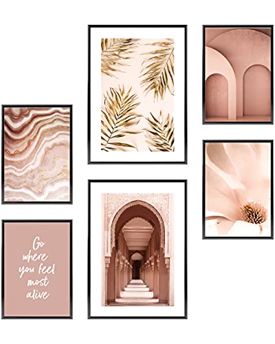 Heimlich® Tableau Décoration Murale - SANS Cadres -Set de Poster Premium pour la Maison, Bureau, Salon, Chambre, Cuisine -2 x A3 & 4 x A4-30x42 & 21x30 | » Temple Architecture Fleur «