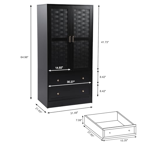 LEVNARY-Armoire-Wardrobe-Closet-with-2-Woven-Doors-Wardrobe-Cabinet-with-2-Storage-Drawers-and-Hanging-Rail-Freestanding-Wooden-Closet-for-Bedroom-Black LEVNARY Armoire Wardrobe Closet with 2 Woven Doors Wardrobe Cabinet with 2 Storage Drawers and Hanging Rail Freestanding Wooden Closet for Bedroom Black