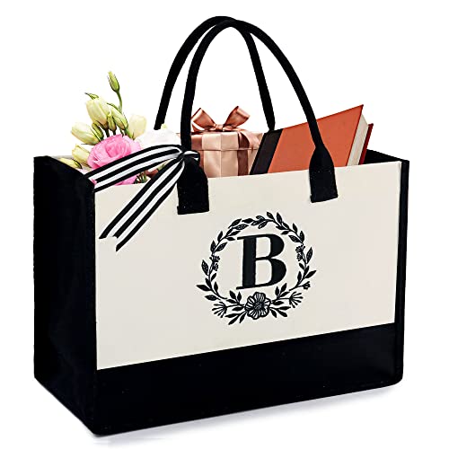 Image of BeeGreen Initial Canvas Tote Bag Monogram Gifts for Birthday Beach Work Holiday Large Personalized Basket for Woman Teacher Friend Wife Boss Grandma Sister Nurse Unique Cute Bags（Letter B）