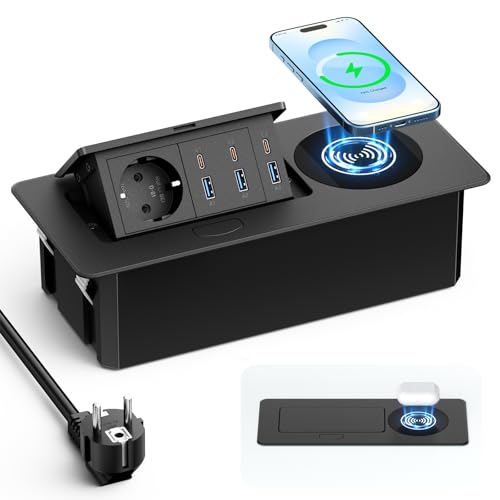 Prise encastrable Plan de Travail escamotable avec Chargeur sans Fil Qi 15W, 6 USB Dont 1 USB-C PD 30W, multiprise encastrable pour Bureau et Cuisine, câble...