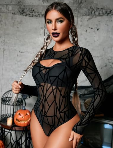 Image of GirlFriend Mesh Bodysuit for Women Long Sleeve Body Suit Sexy Tops Cut Out Leotard See Through Shirts Sheer Rave Outfits