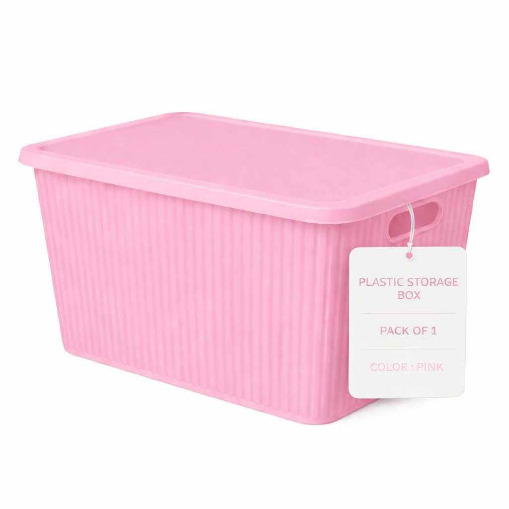 HOMENU Plastic Storage Box with Lid – Large Stackable Organizer Storage Box for Clothes, Toys, Kitchen – Big Size Plastic Storage Container Basket for Home, Office, Bathroom(Large,Pack of 1,Pink)