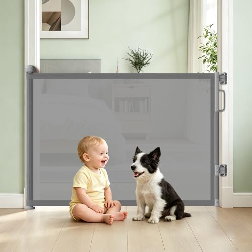 Image of Cideny Retractable Baby Gate for Stairs & Doorways, Mesh Dog Gate Indoor Outdoor, Extends to 55" Wide 34" Tall Child Gate for Hallways, Deck, Porch, Pet Toddler Safety Essentials, Easy Install, Grey