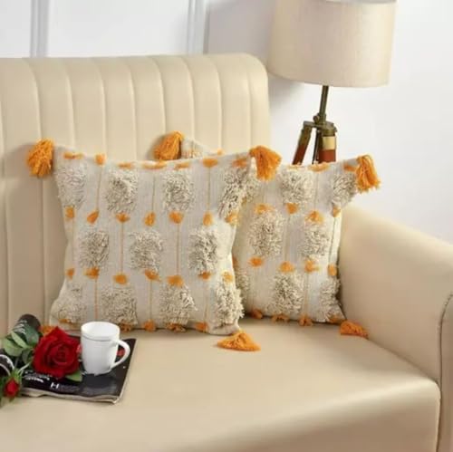 Image of Cushion Cover Pack of 4 (16x16 Inches) | Cotton Textured Decorative Throw Pillow Case for Sofa Bed Living Room Tufted Cushion Cover with Tassels (Offwhite-Yellow)