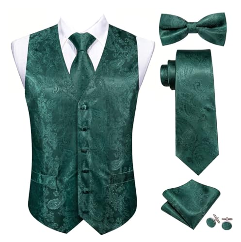 Men's Silk Paisley Waistcoat Tie Hanky Cufflinks Set Slim Fit Suit Vest for Wedding Business