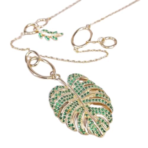 Collier argent massif femme anti-ternissement pendentif feuilles bananier zircone vert